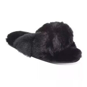 Jenni Women's Crisscross Faux Fur Slippers Pinwheel Black Size L (9-10) MSRP $35